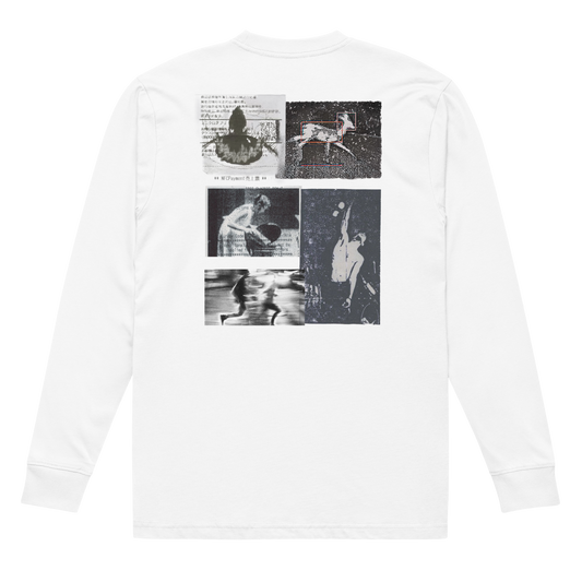 A white long-sleeve t-shirt shown from the back, featuring a large four-panel collage graphic on the upper back with black and white artistic prints.