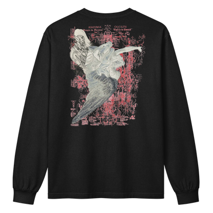 A black long-sleeve t-shirt with a large graphic print on the back, featuring a white and gray winged figure over a red and black scribbled background with text.