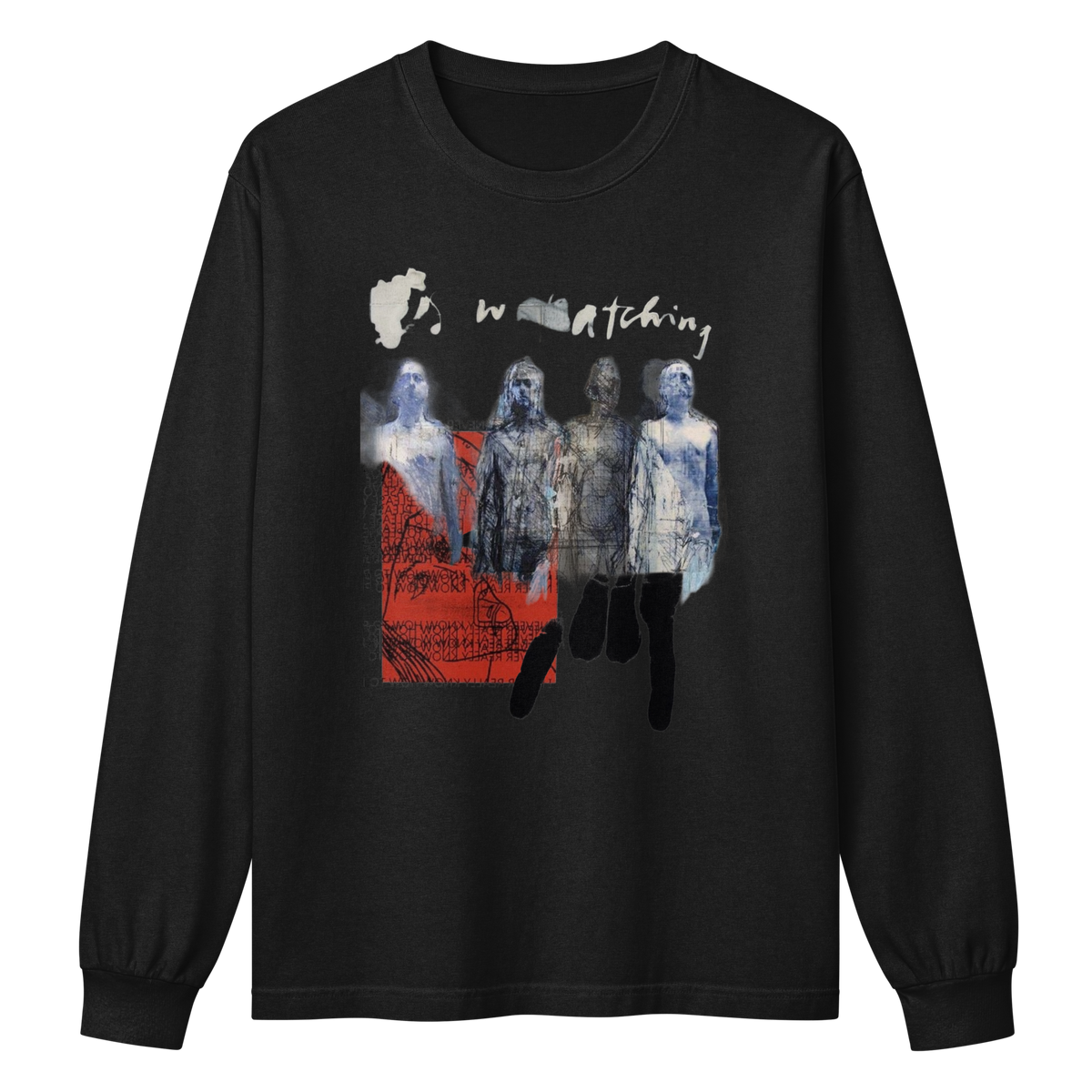 A black long-sleeve t-shirt with a graphic print on the front showing four ghostly figures in blue and white, a red rectangular background, and the word 'watching' in white script.