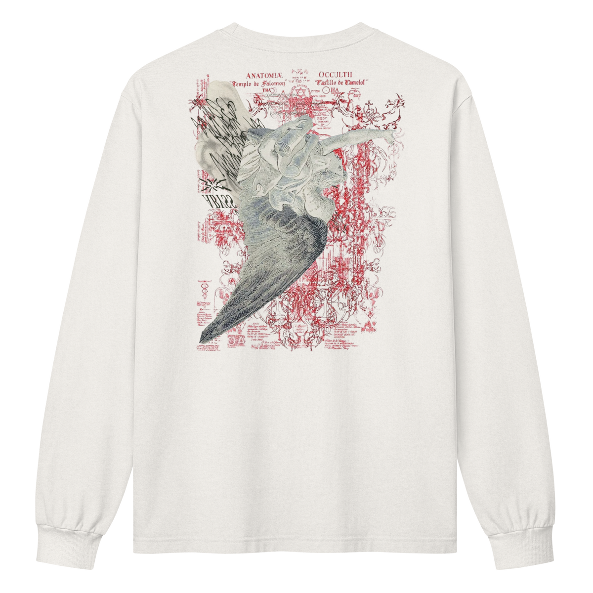 An off-white long-sleeve t-shirt shown from the back, featuring a large graphic print of a winged skull over a red sketch background with text.