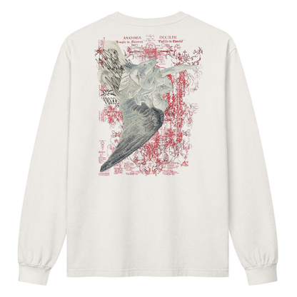 An off-white long-sleeve t-shirt shown from the back, featuring a large graphic print of a winged skull over a red sketch background with text.
