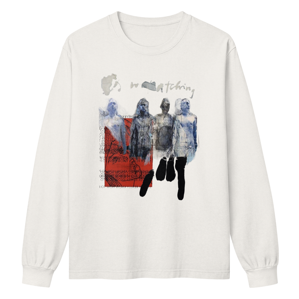 An off-white long-sleeve t-shirt with a graphic print on the front. The graphic features three ghostly figures in blue and gray tones standing in front of a red rectangular background, with the word 'matching' written in a stylized font above them.