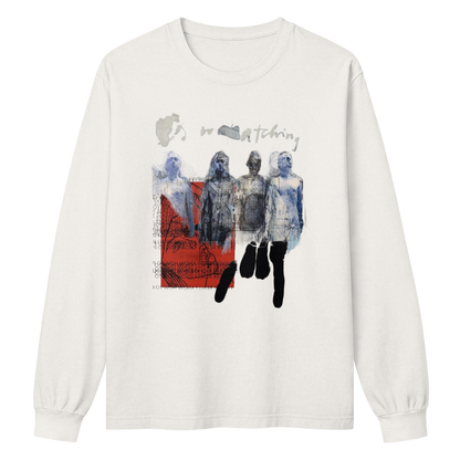 An off-white long-sleeve t-shirt with a graphic print on the front. The graphic features three ghostly figures in blue and gray tones standing in front of a red rectangular background, with the word 'matching' written in a stylized font above them.