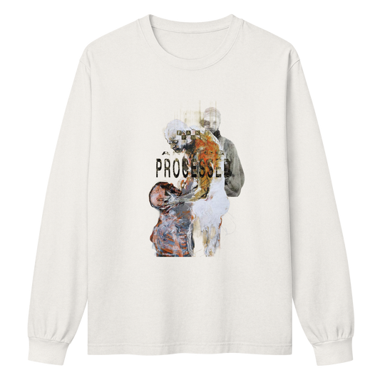 An off-white long-sleeve t-shirt with a central graphic print depicting a distressed, painterly scene of two figures with the word 'PROCESSED' overlaid in black text.