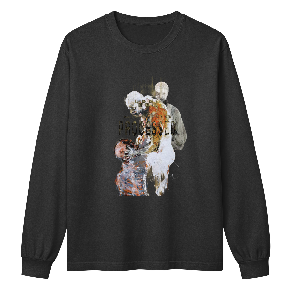A black long-sleeve crewneck t-shirt featuring a central graphic print of a glitched, distorted figure with the word 'PROCESSED' written across the chest.