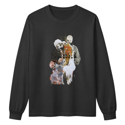 A black long-sleeve crewneck t-shirt featuring a central graphic print of a glitched, distorted figure with the word 'PROCESSED' written across the chest.