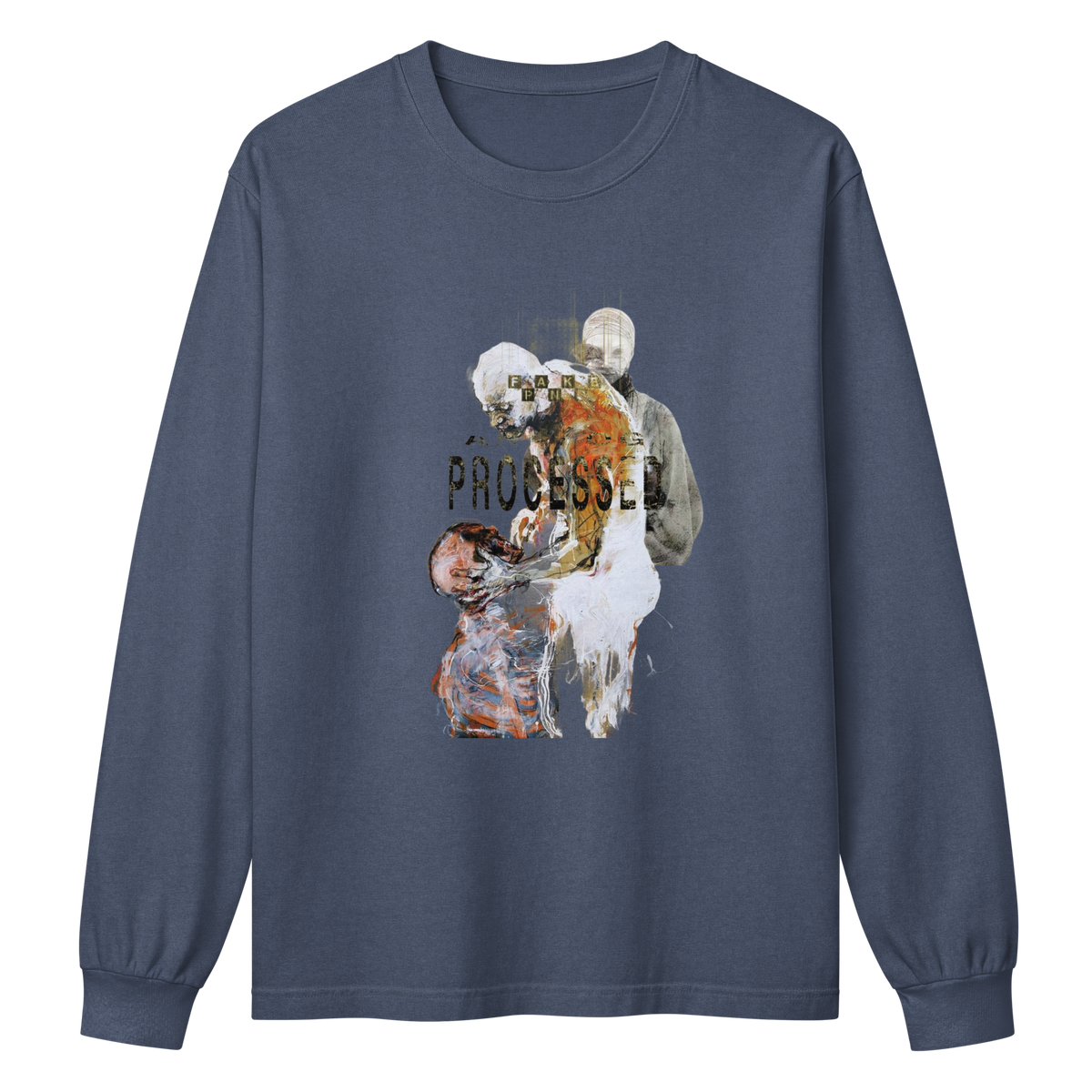 A long-sleeve crewneck t-shirt in slate blue, featuring a central graphic print of a glitched figure with the word 'PROCESSED' written across it.