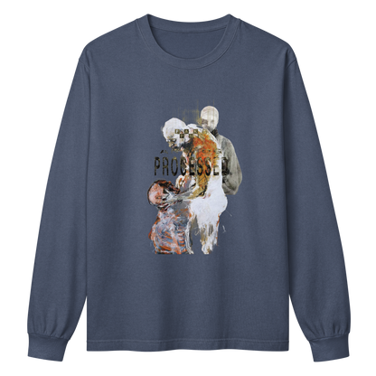 A long-sleeve crewneck t-shirt in slate blue, featuring a central graphic print of a glitched figure with the word 'PROCESSED' written across it.