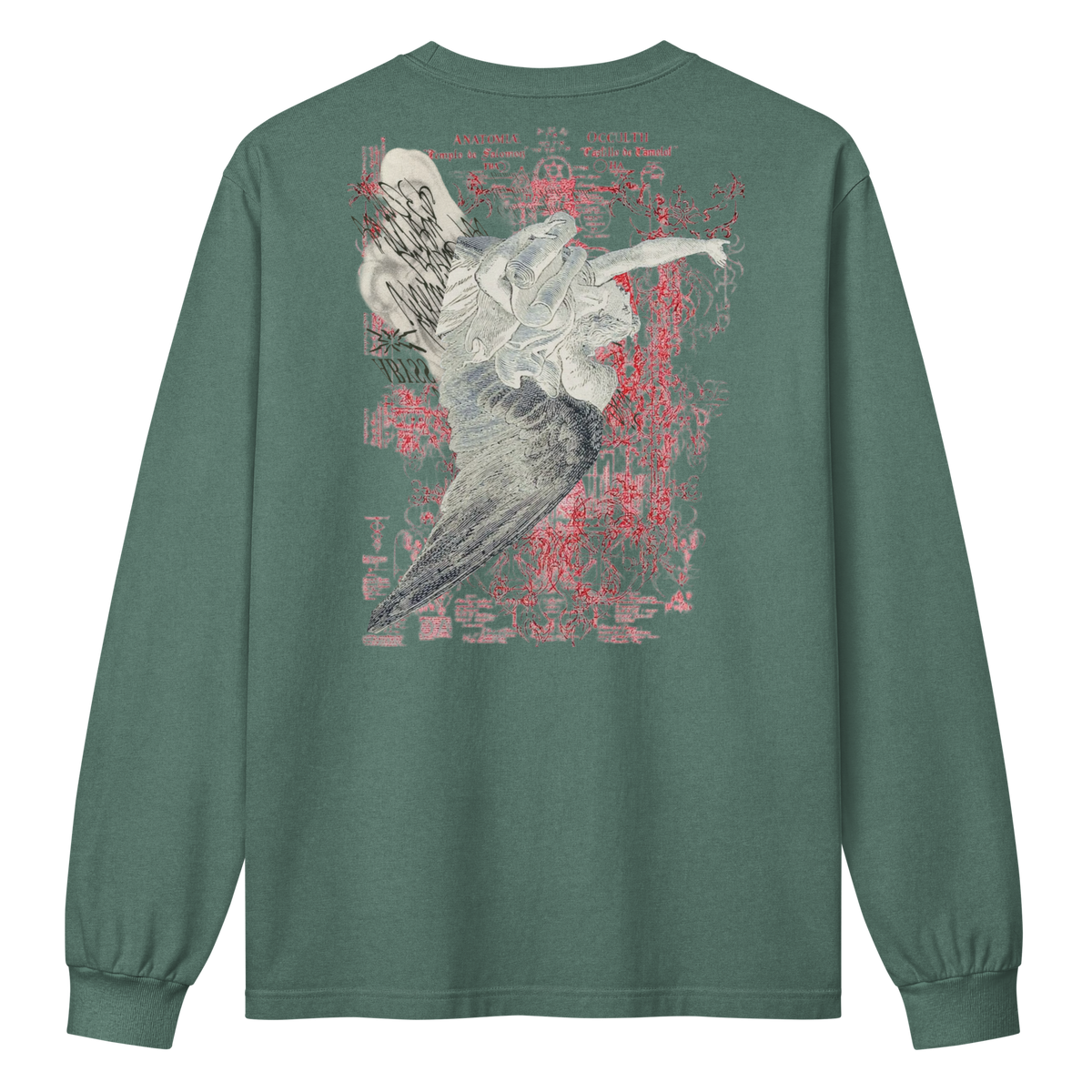 A long-sleeve crewneck t-shirt in a muted sage green, shown from the back. The back features a large graphic print of a stylized bird in gray and white, overlaid with distressed red text and abstract red splatters.