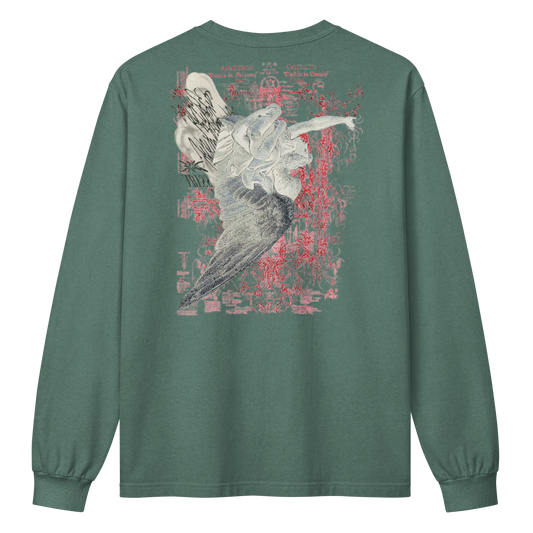 A long-sleeve crewneck t-shirt in a muted sage green, shown from the back. The back features a large graphic print of a stylized bird in gray and white, overlaid with distressed red text and abstract red splatters.