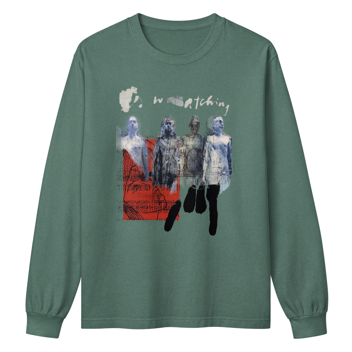 A sage green long-sleeve t-shirt with a graphic print on the front. The graphic features the word 'watching' in a distressed white font above a collage of four figures in blue, gray, and black tones, with a red textured block on the left side.