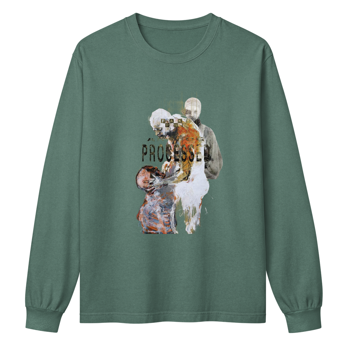 A sage green long-sleeve t-shirt with a central graphic print depicting a surreal, glitched-out figure with the word 'PROCESSED' overlaid in black text.