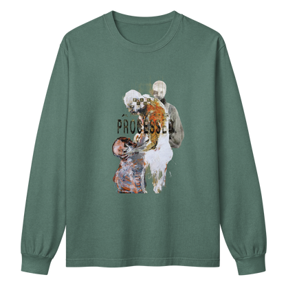 A sage green long-sleeve t-shirt with a central graphic print depicting a surreal, glitched-out figure with the word 'PROCESSED' overlaid in black text.