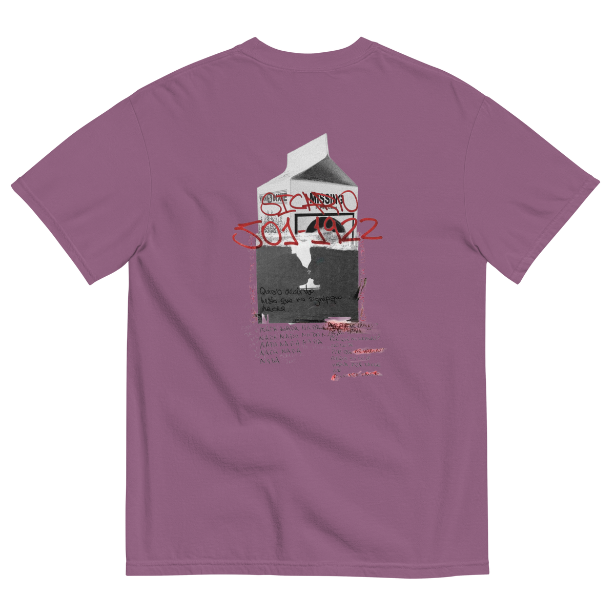 A mauve purple t-shirt shown from the back, featuring a graphic print of a milk carton with graffiti-style red and black text reading 'STANKE' and '301 142'.