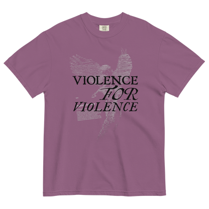 A short-sleeve crewneck t-shirt in a dusty mauve or purple color, featuring a distressed graphic on the front with a stylized ribbon and the text 'VIOLENCE FOR VIOLENCE' in black.