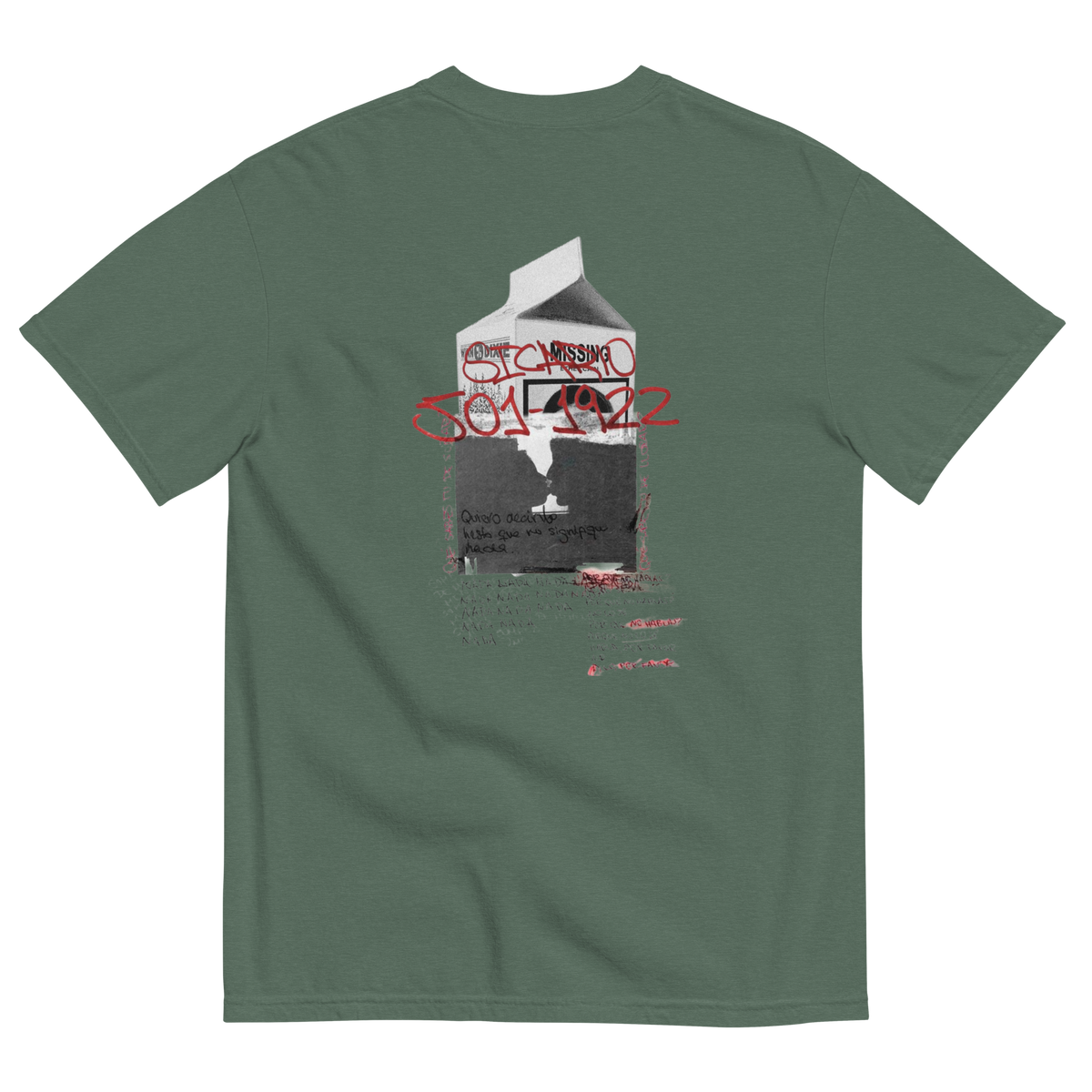 A sage green short-sleeve t-shirt shown from the back, featuring a graphic print of a milk carton with 'STANLEY' written in red graffiti-style lettering across the center.
