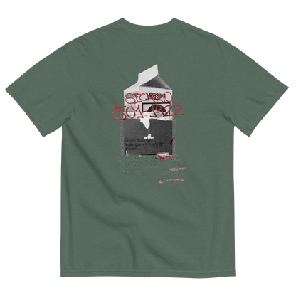 A sage green short-sleeve t-shirt shown from the back, featuring a graphic print of a milk carton with 'STANLEY' written in red graffiti-style lettering across the center.