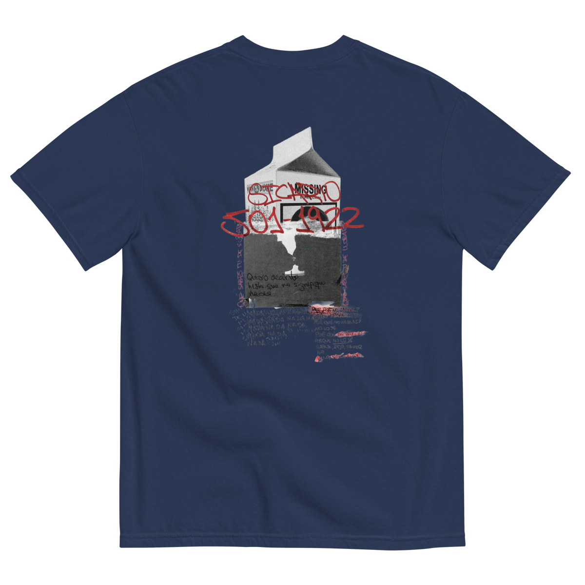 A navy blue short-sleeve t-shirt shown from the back, featuring a central graphic print of a milk carton filled with a black-and-white photo of a person, overlaid with red graffiti-style text reading 'ST. LOUIS 504 1972'.