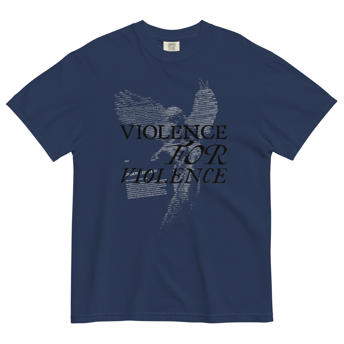 A navy blue short-sleeve t-shirt with a distressed graphic on the front showing a winged figure and the text 'VIOLENCE FOR VIOLENCE' in black and gray.