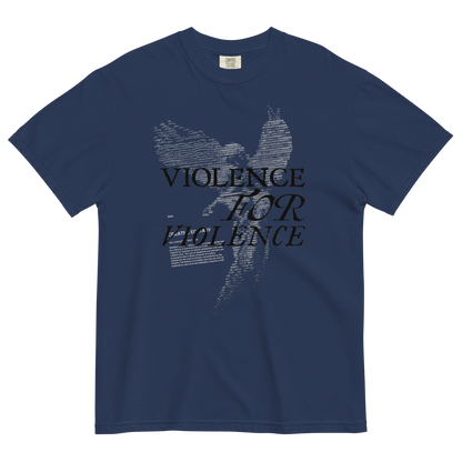 A navy blue short-sleeve t-shirt with a distressed graphic on the front showing a winged figure and the text 'VIOLENCE FOR VIOLENCE' in black and gray.