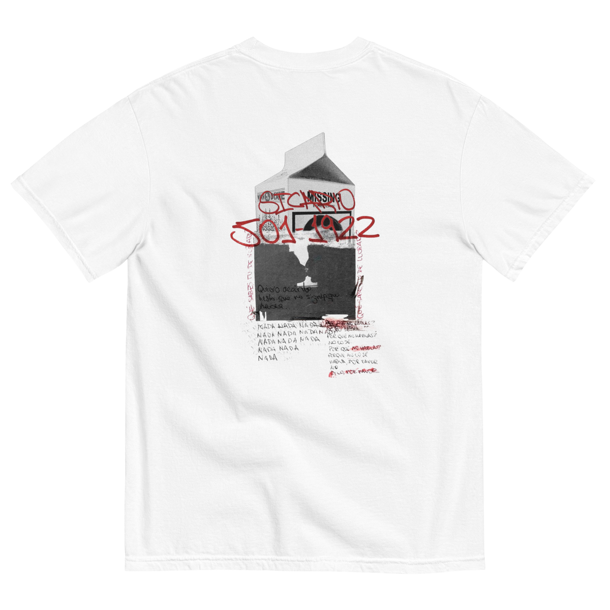 White short-sleeve t-shirt showing the back side with a graphic print of a milk carton containing a black-and-white portrait, overlaid with red graffiti-style text reading 'STANLEY 1972' and small red handwritten text below.