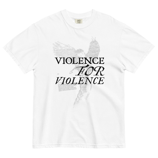 A white short-sleeve crewneck t-shirt featuring a black graphic print on the front with the text 'VIOLENCE FOR VIOLENCE' and a winged silhouette made from text.