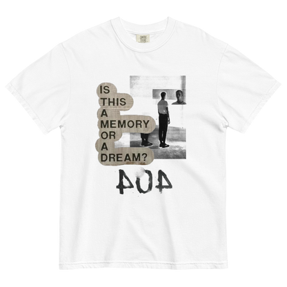 A white short-sleeve crewneck t-shirt featuring a graphic print on the front. The print includes a black and white photograph of a person in a room, beige speech-bubble text reading 'IS THIS A MEMORY OR A DREAM?', and the word '404' in a distressed black font below.