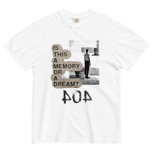 A white short-sleeve crewneck t-shirt featuring a graphic print on the front. The print includes a black and white photograph of a person in a room, beige speech-bubble text reading 'IS THIS A MEMORY OR A DREAM?', and the word '404' in a distressed black font below.