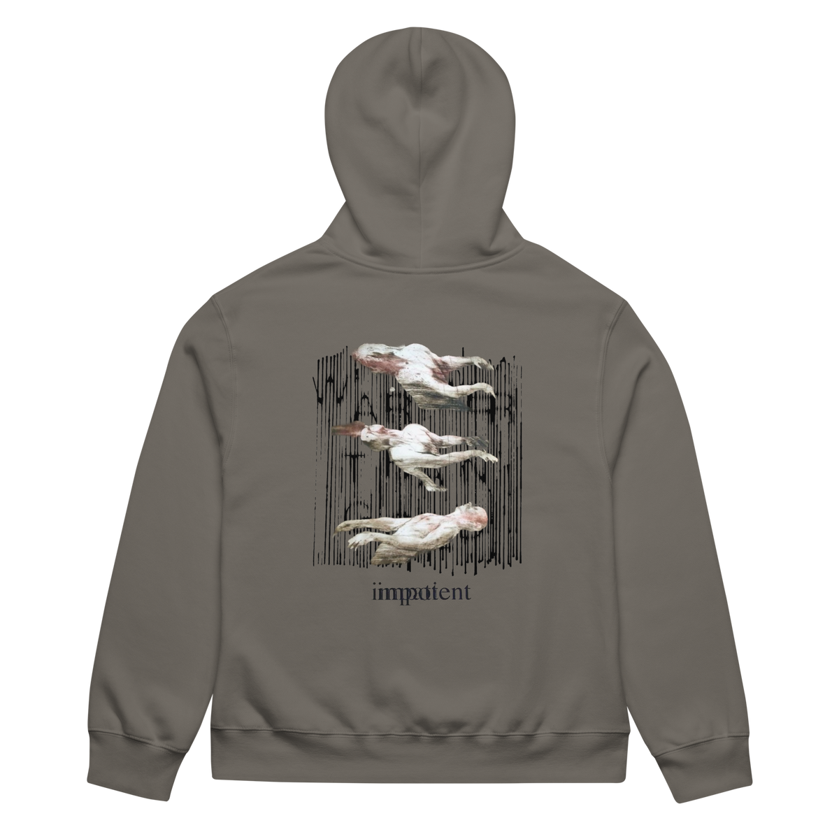 A gray-brown hoodie shown from the back, featuring a graphic print of four white pelicans flying vertically in front of a black textured background, with the word 'impatient' printed below.