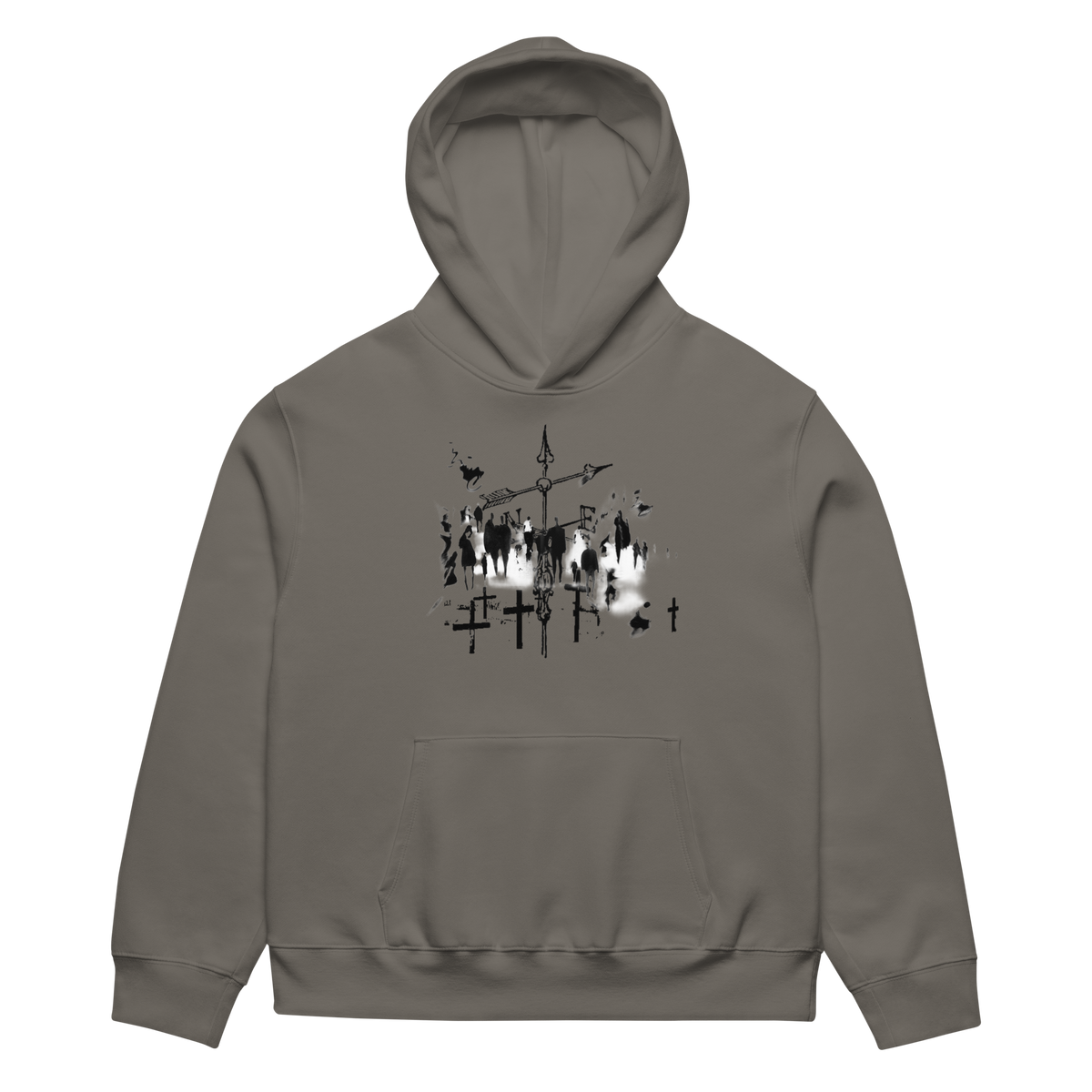A dark gray pullover hoodie with a black and white graphic print of a graveyard scene on the chest, displayed against a solid white background.