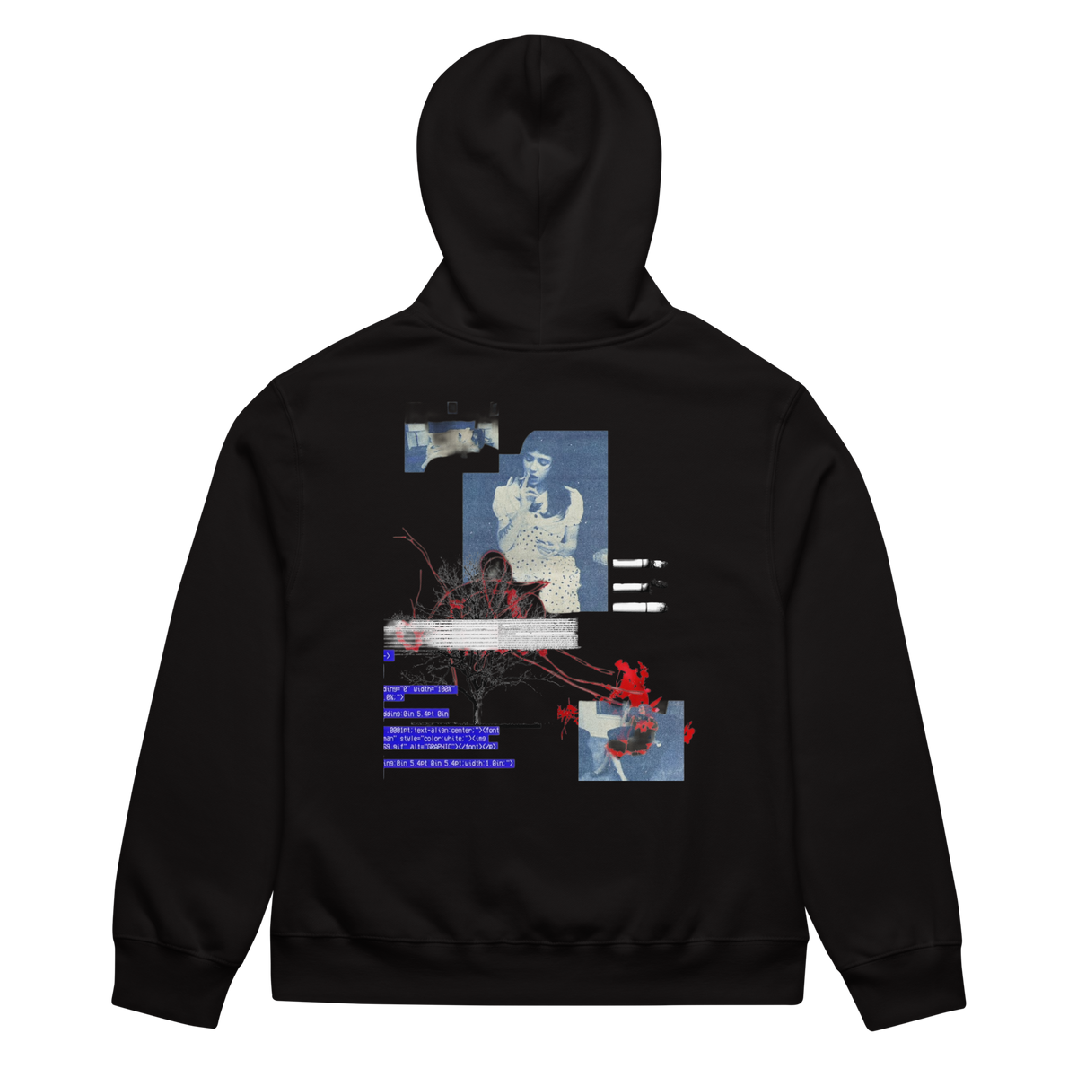 A black pullover hoodie shown from the back, featuring a large, complex graphic collage print in blue, white, and red on the back panel.