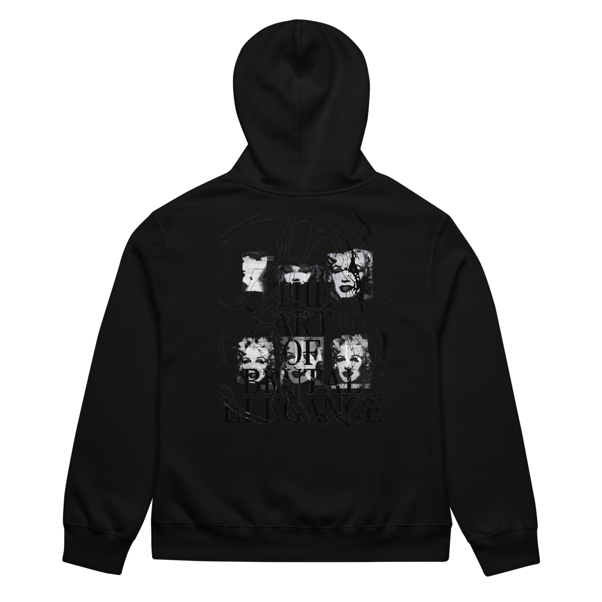 A black pullover hoodie shown from the back, featuring a distressed black-and-white graphic print of Marilyn Manson's 'The Rorschach' album art with the band's name stylized below.