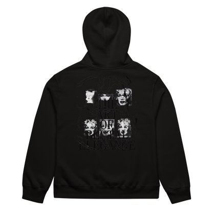 A black pullover hoodie shown from the back, featuring a distressed black-and-white graphic print of Marilyn Manson's 'The Rorschach' album art with the band's name stylized below.