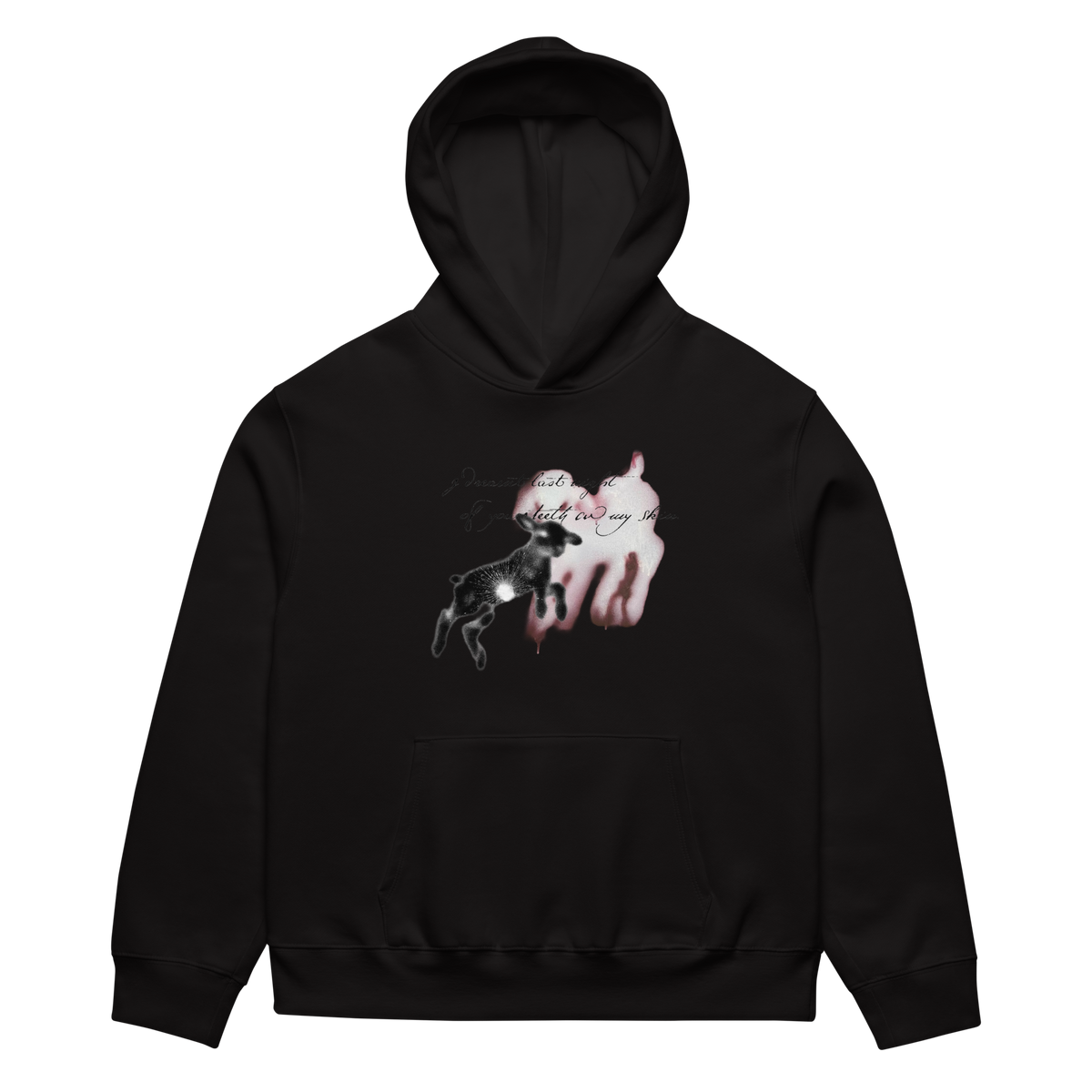 A black pullover hoodie with a front kangaroo pocket and a graphic print on the chest showing a black-and-white dog silhouette over a pink-and-white dripping heart, with cursive text above.