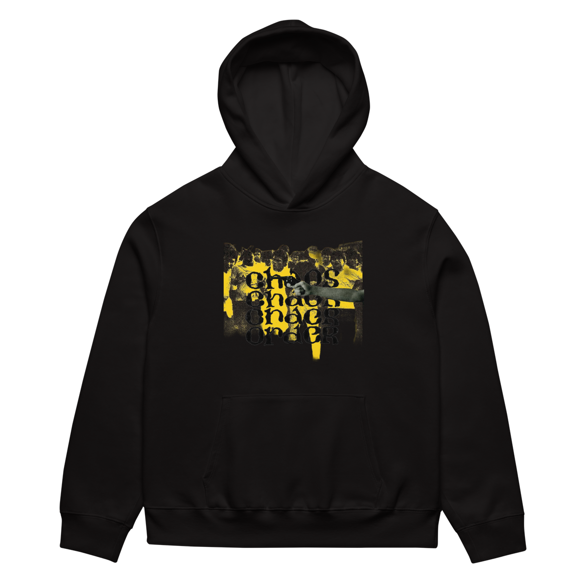 A black pullover hoodie with a yellow and black graphic print on the chest featuring a collage of people and the text 'This is what I do when I sleep'.