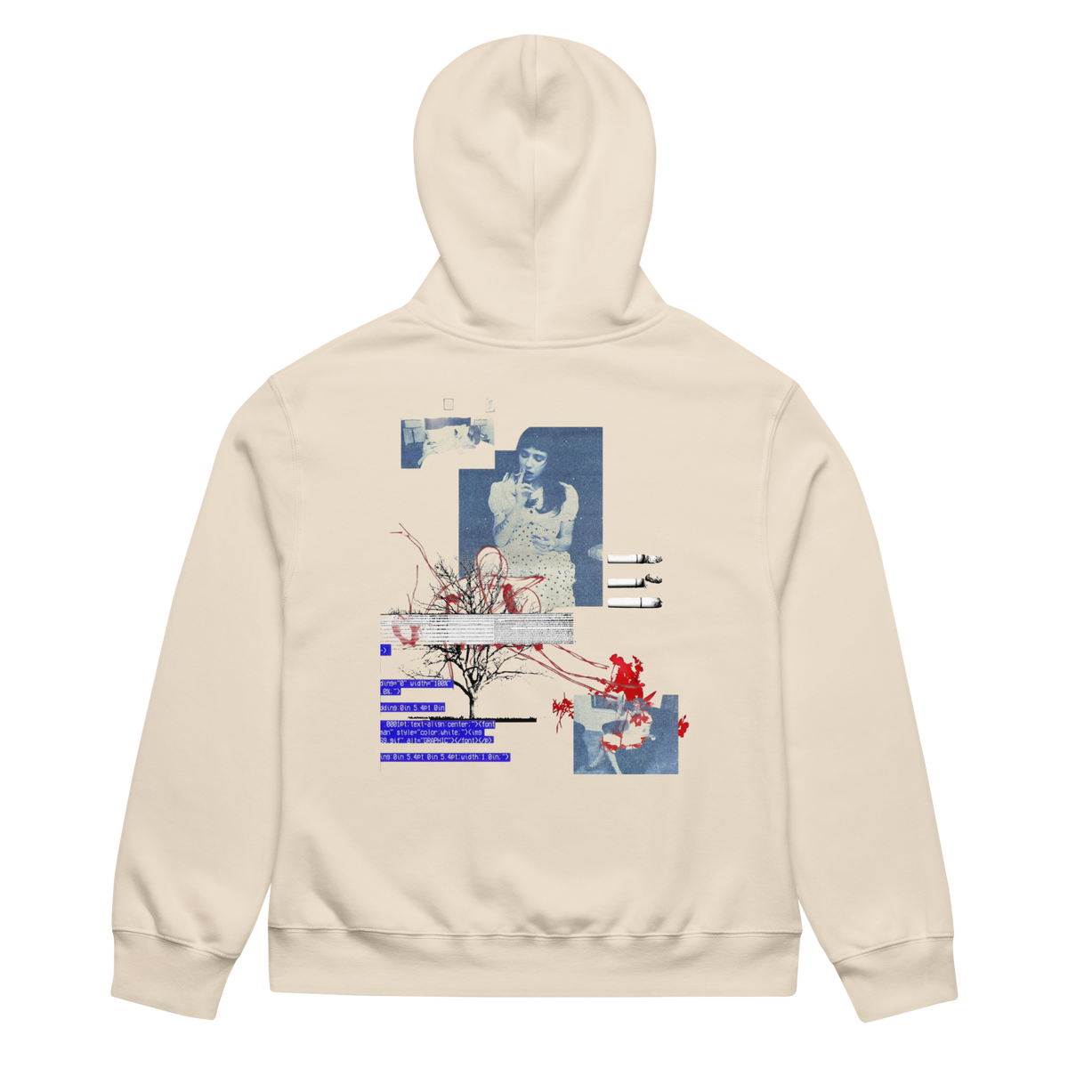 A cream-colored hoodie shown from the back, featuring a large graphic collage print with blue and red elements and Japanese text.