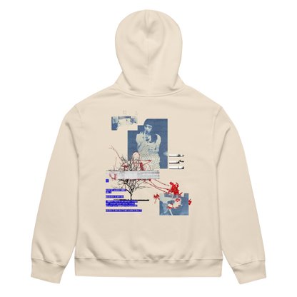 A cream-colored hoodie shown from the back, featuring a large graphic collage print with blue and red elements and Japanese text.