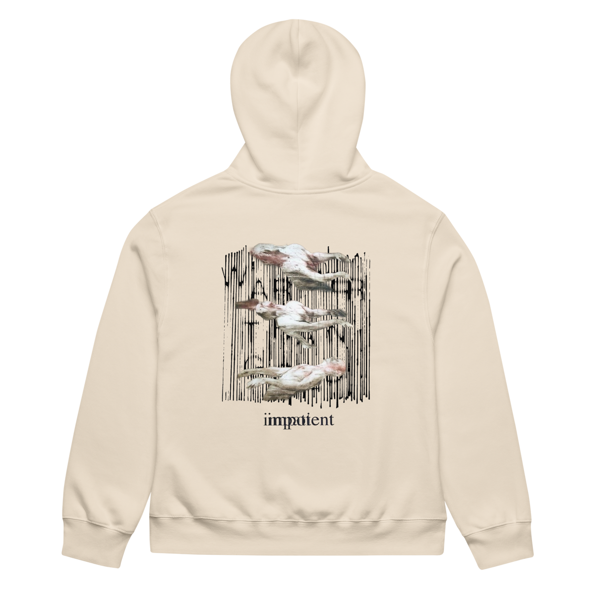 A cream-colored hoodie shown from the back, featuring a graphic print of four white pelicans against a black vertical brushstroke background, with the word 'impatient' printed below in black.
