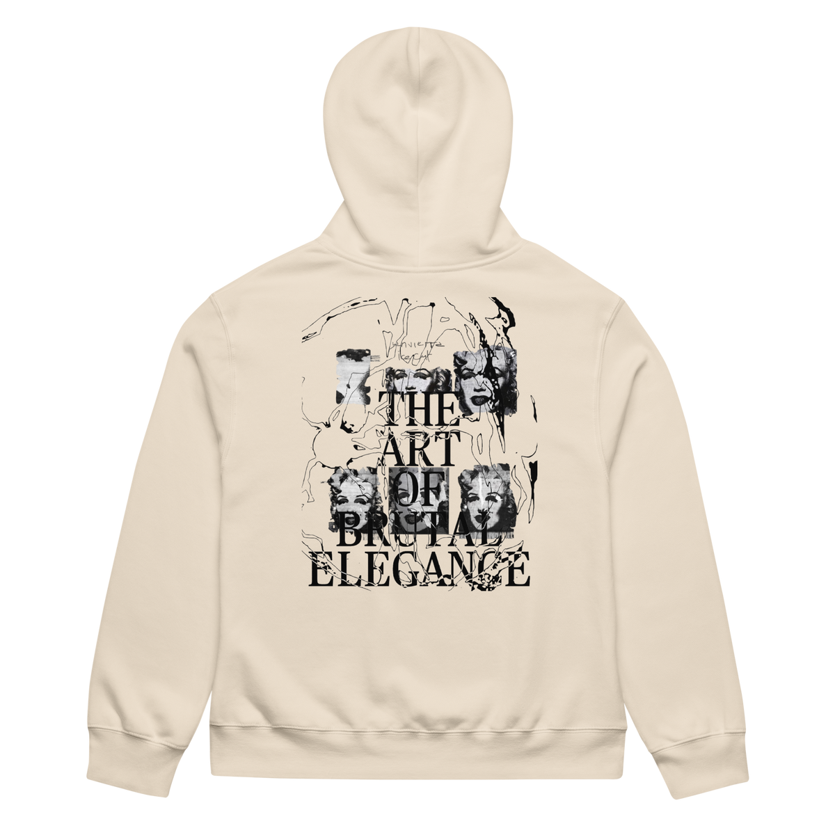 A beige hoodie shown from the back, featuring a large black graphic print with the text 'THE ART OF BRUTAL ELEGANCE' and collage-style imagery.