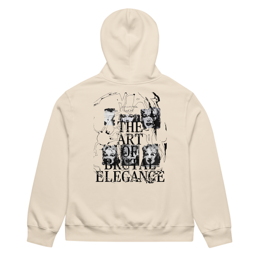 A beige hoodie shown from the back, featuring a large black graphic print with the text 'THE ART OF BRUTAL ELEGANCE' and collage-style imagery.