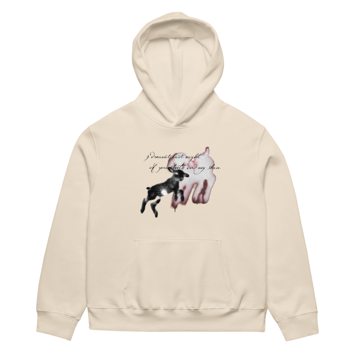 A cream-colored hoodie featuring a graphic print of a black dog jumping in front of a pink dog silhouette, with the text 'I dreamed of my tail if you didn't pull my tail.' on the chest, displayed on a clean white background.