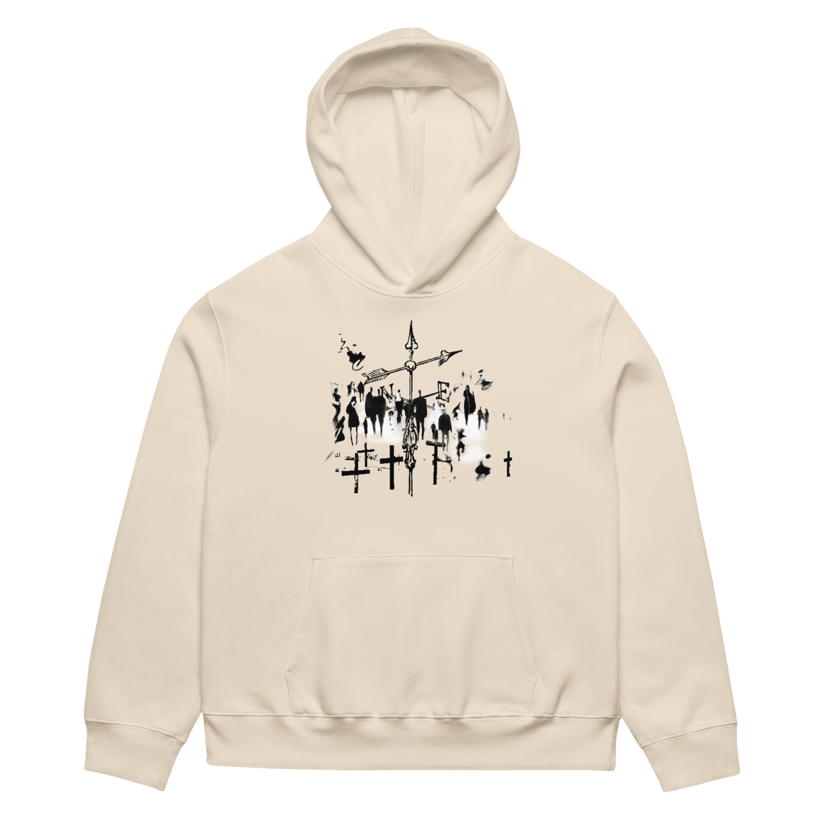 A cream-colored pullover hoodie with a black graphic print of a cross and candles on the chest, displayed against a solid white background.