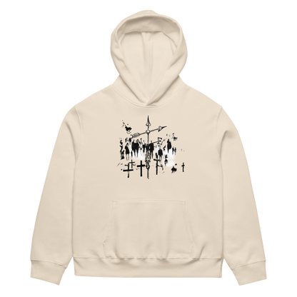 A cream-colored pullover hoodie with a black graphic print of a cross and candles on the chest, displayed against a solid white background.