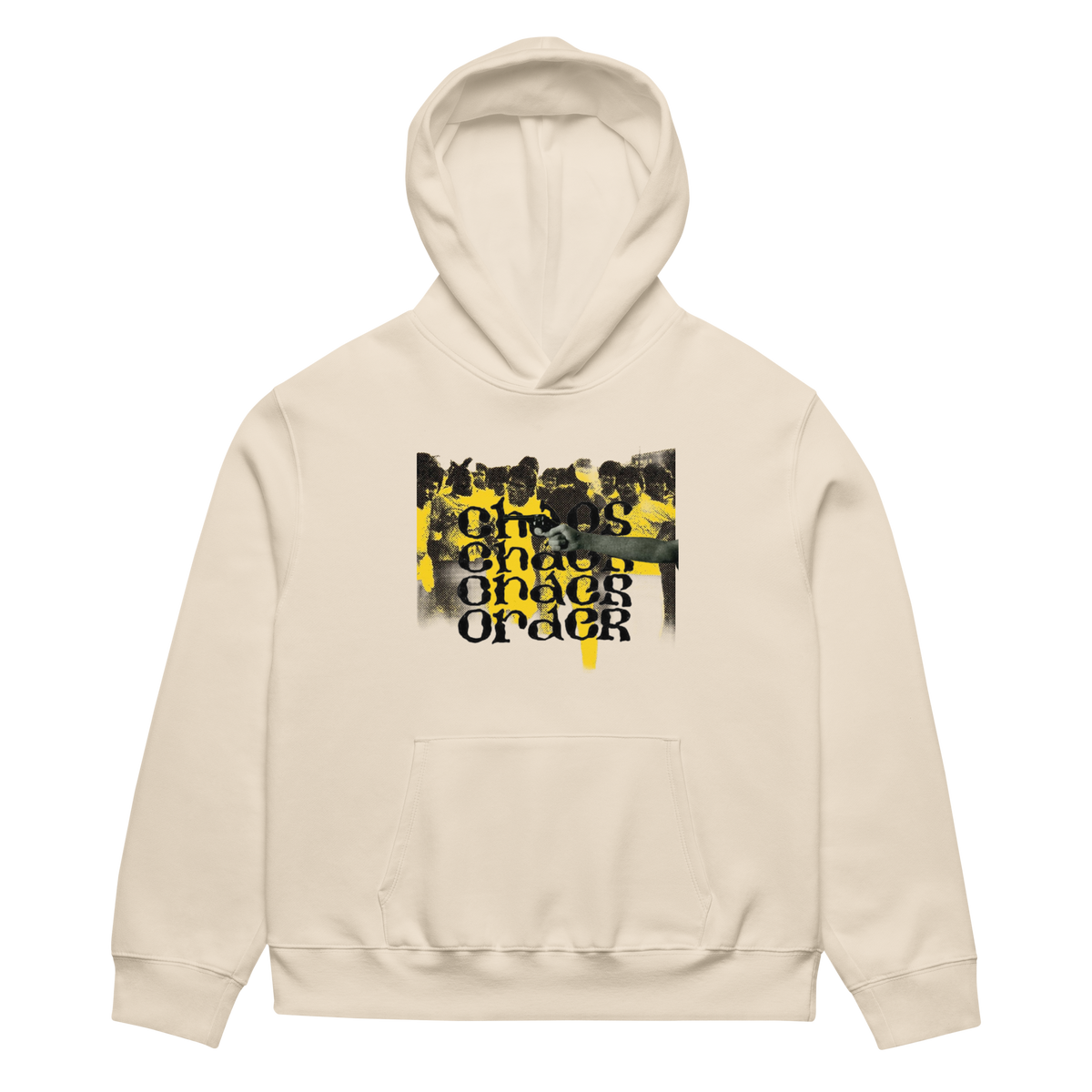 A cream-colored pullover hoodie with a front kangaroo pocket and a central graphic print featuring a black-and-white crowd scene with bold yellow and black text reading 'ONE CHARGE ORDER'.