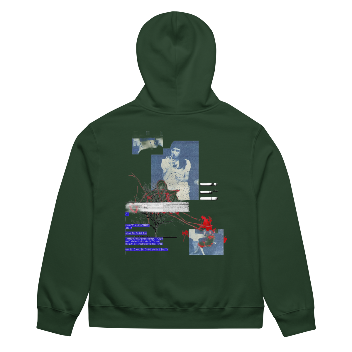 A dark forest green hoodie shown from the back, featuring a large, complex graphic collage print in blue, red, and white on the back.