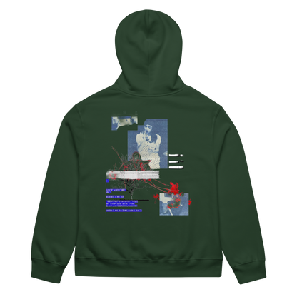 A dark forest green hoodie shown from the back, featuring a large, complex graphic collage print in blue, red, and white on the back.