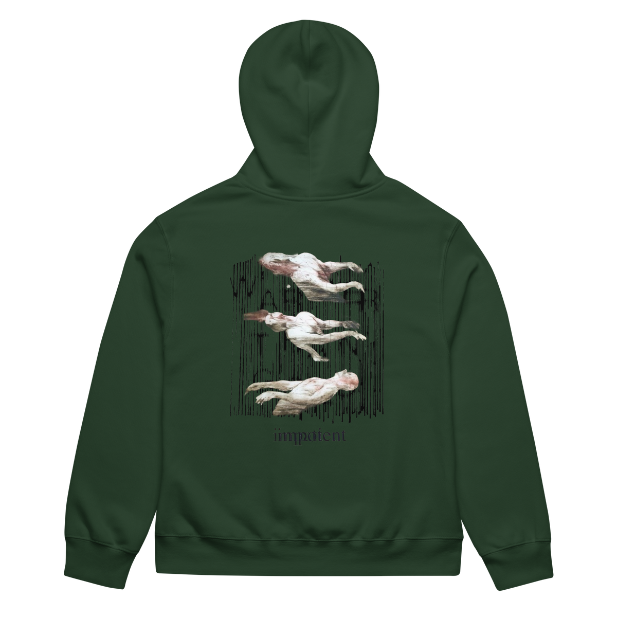 A dark green hoodie shown from the back, featuring a graphic print of three floating pale figures against a black textured background, with the word 'impure' printed below.