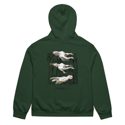 A dark green hoodie shown from the back, featuring a graphic print of three floating pale figures against a black textured background, with the word 'impure' printed below.