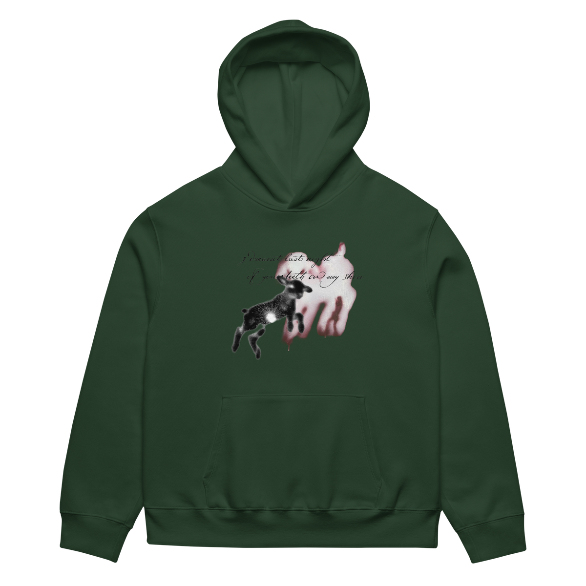 A dark forest green pullover hoodie with a graphic print on the chest featuring a black and white spotted deer jumping in front of a white goat with pinkish-red highlights, and cursive text above.