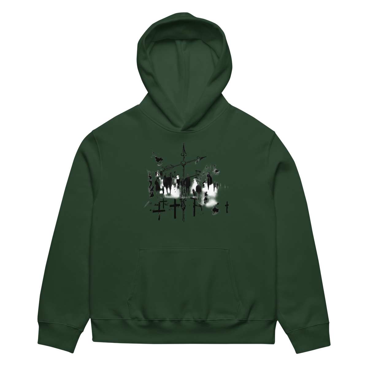 A dark forest green pullover hoodie with a black and white graphic print of a drum kit on the chest, displayed against a solid white background.